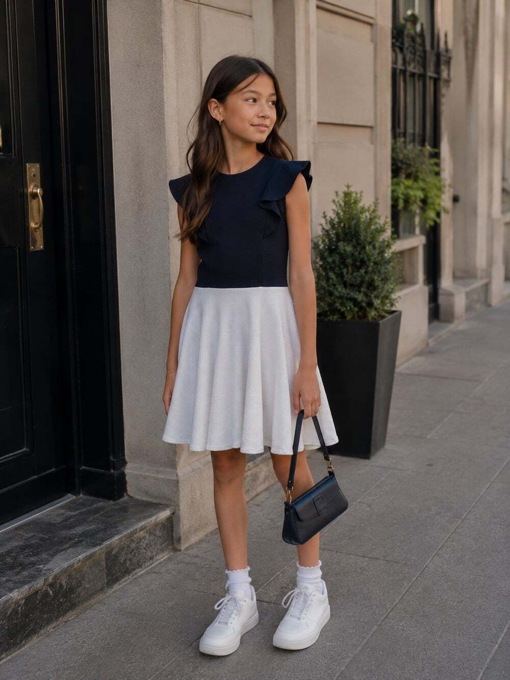 David Charles Black Label Girls Dress 10 Navy White Ruffle Fit & Flare Luxury